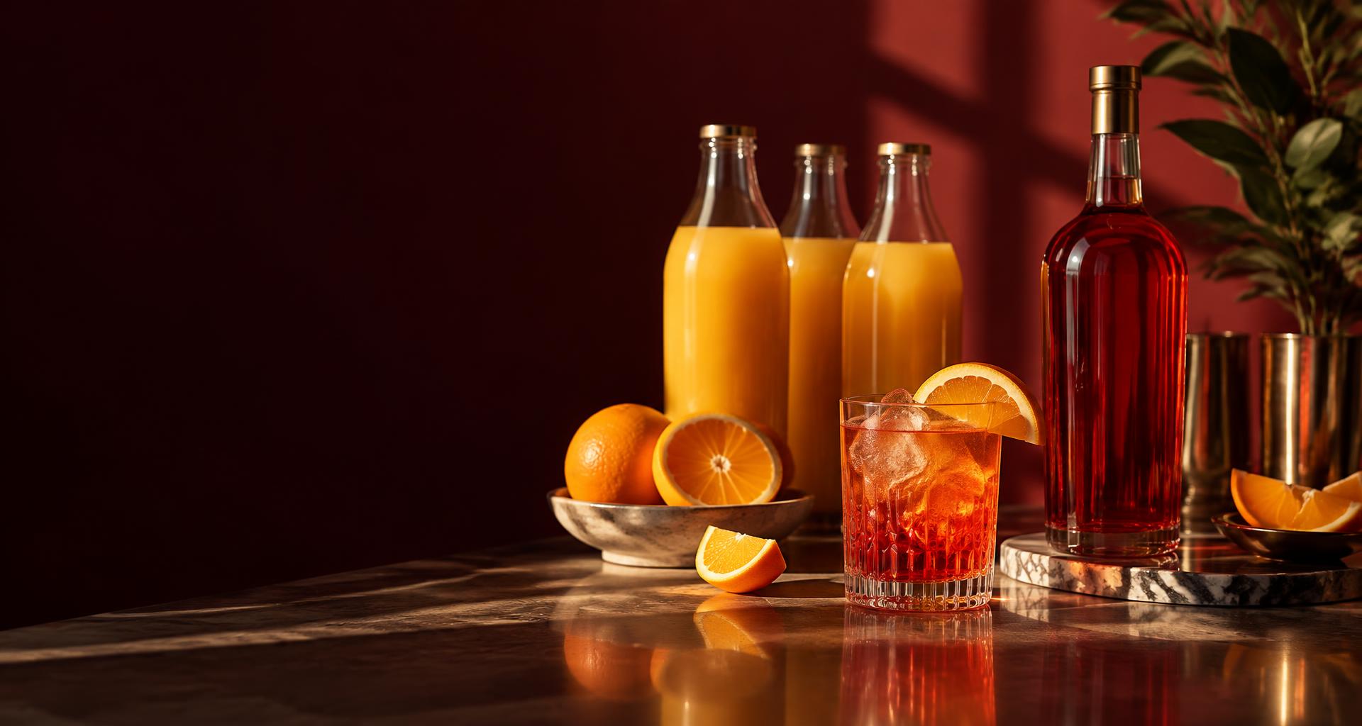Cena ilustrativa de aperitivo e suco de laranja