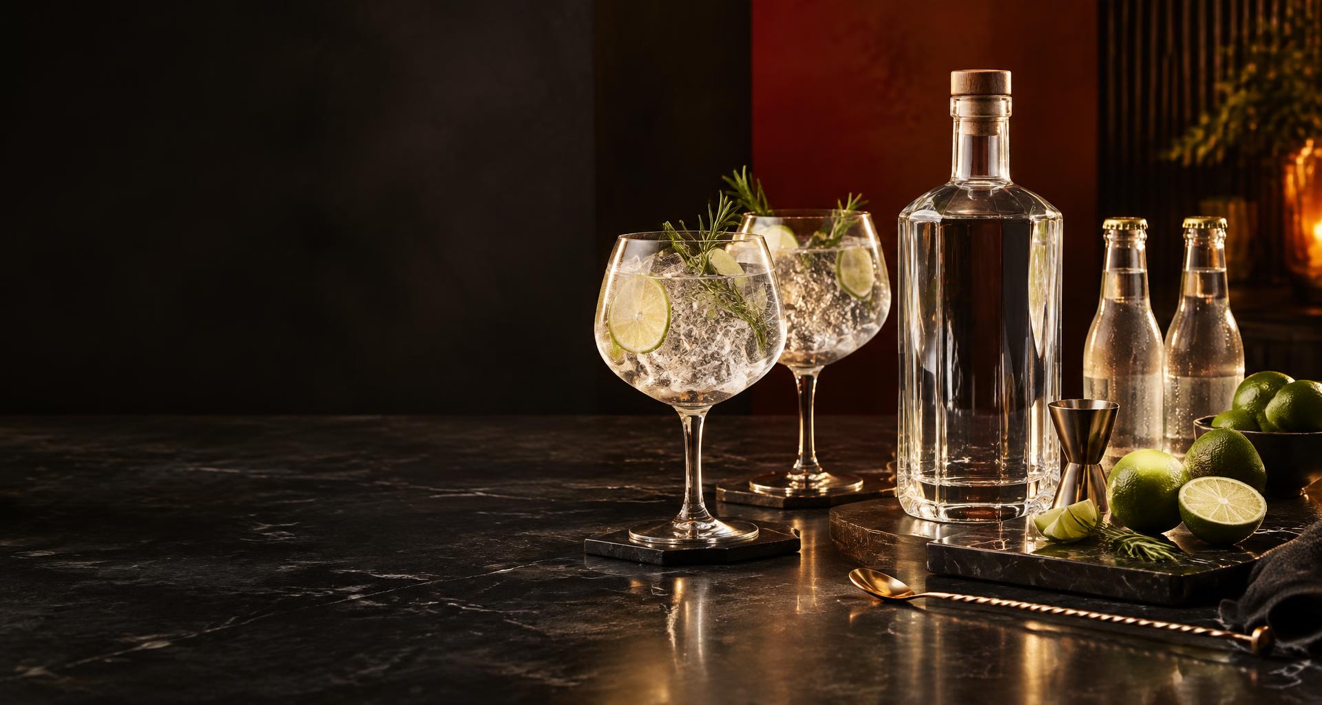 Cena ilustrativa de gin, tônicas e utensílios