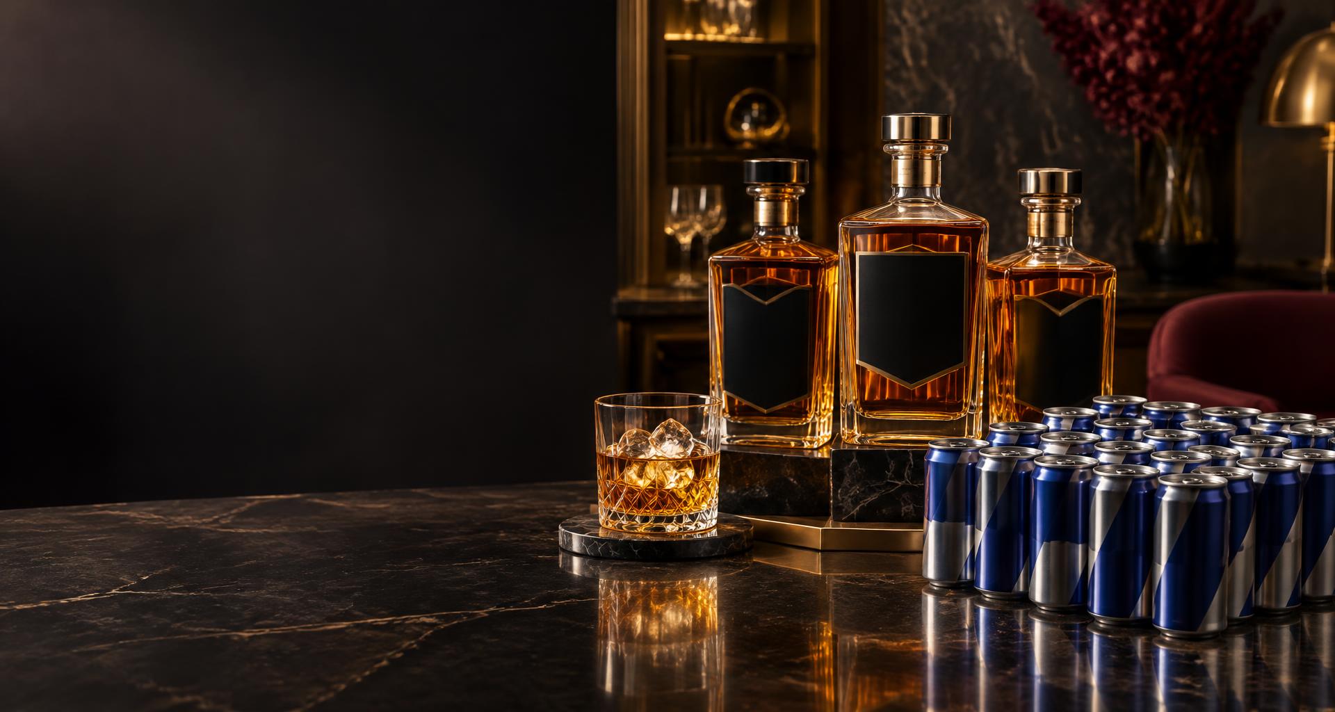 Cena ilustrativa de whisky e energéticos